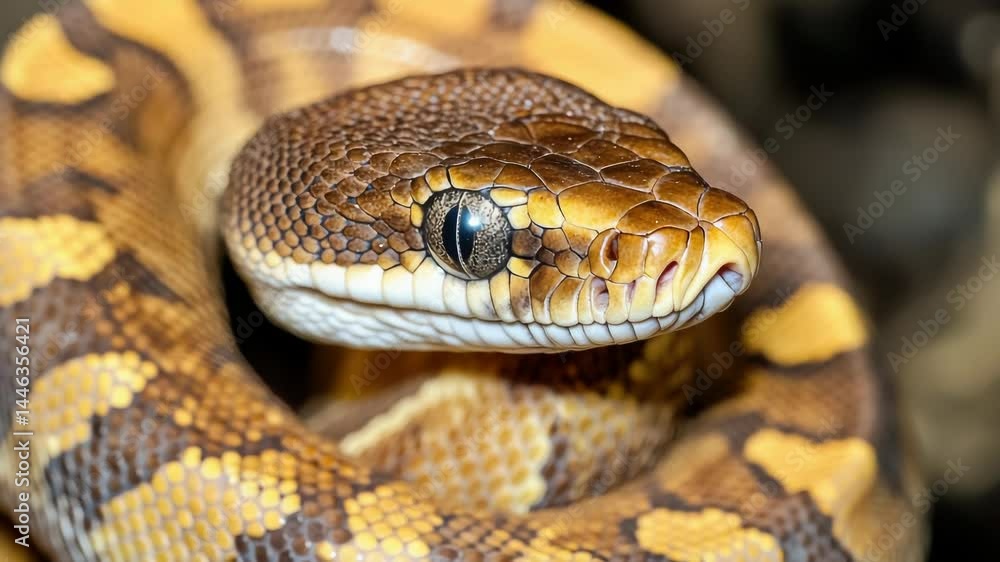 Close-up of a snake's head with a distinctive black eye, suitable for use in wildlife or nature-related contexts Close-up of a snake's head with a distinctive black eye, suitable for use in wildlife or nature-related contexts