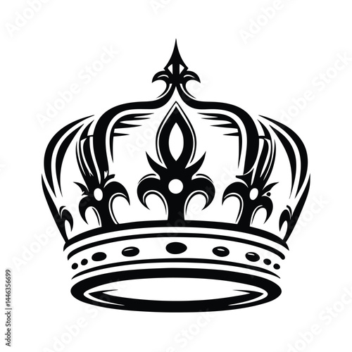 Decorative Royal Crown, Black Silhouette Isolated on White Background, Symbol of Power