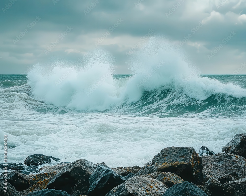 Obraz premium A panoramic shot of the ocean waves crashing against a rocky shore, Ocean, Powerful and dramatic
