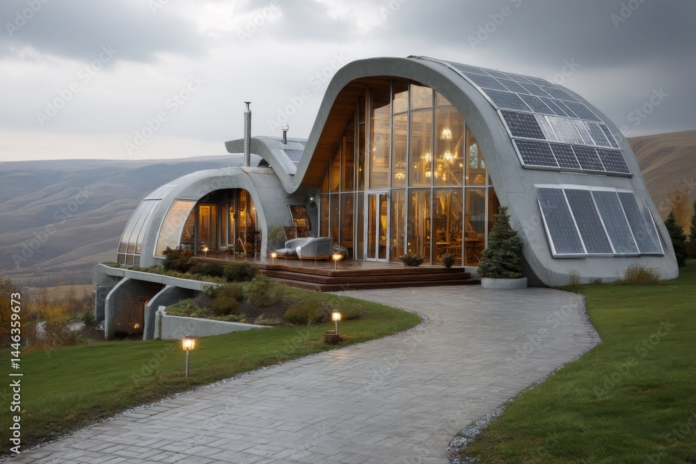 Fototapeta premium Sustainable hillside home design showcasing modern architecture, solar panel system and exterior landscape lighting during dusk