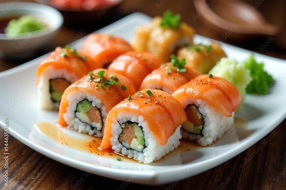 Variety of sushi rolls on white plate, soy sauce, wasabi, tempura, clean, restaurant Variety of sushi rolls on white plate, soy sauce, wasabi, tempura, clean, restaurant