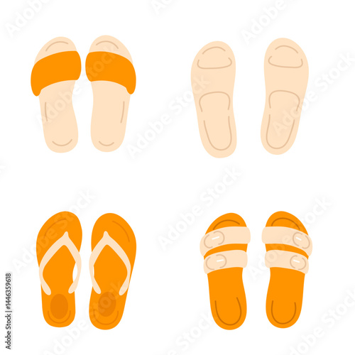 Beige and orange open-toe slippers and sandals set on white background