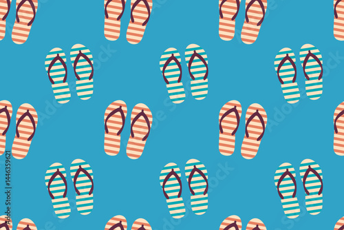 Seamless pattern with striped flip-flops on bright blue background