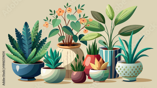 Beautifully potted plants arranged with harmony and care.
Ceramic vessels add elegance to natural growth.
Realistic rendering makes each leaf and curve come alive.
Perfect for calm, aesthetic vector-b