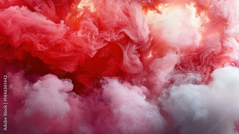 Fototapeta premium Vibrant, swirling clouds of pink and white ink in a liquid medium.