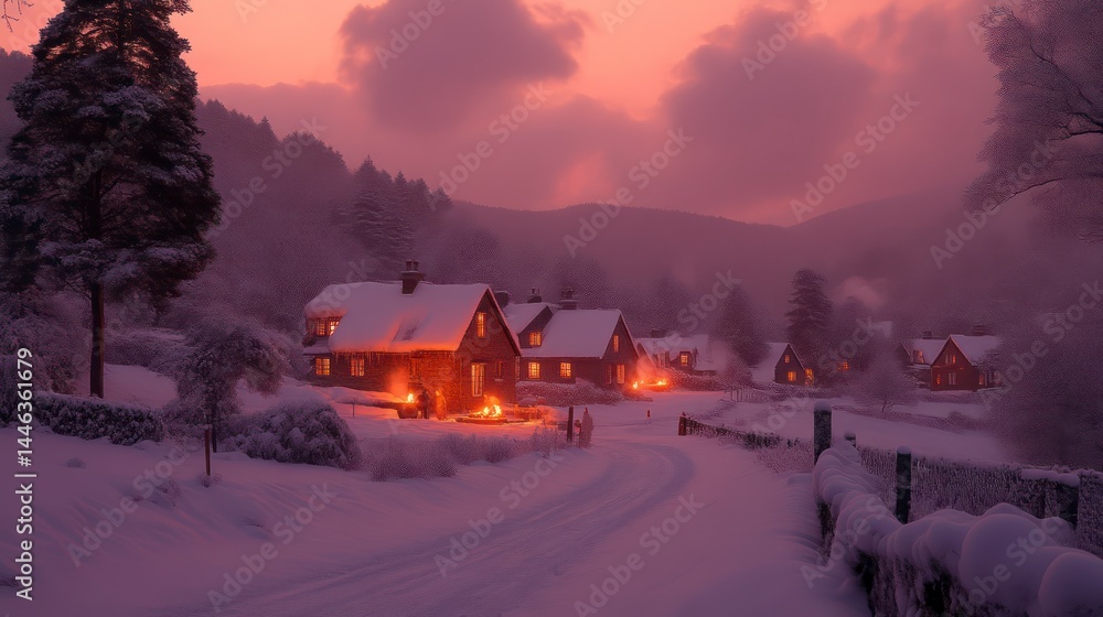 Winter Wonderland Cozy Village at Sunset with Snowy Landscape and Warm Lights Winter Wonderland Cozy Village at Sunset with Snowy Landscape and Warm Lights