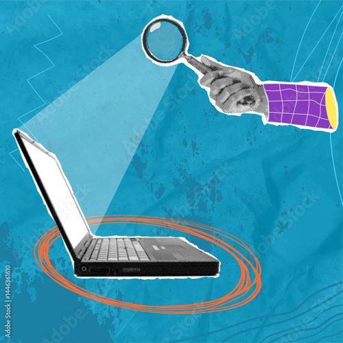 Trendy halftone pop art collage. Art collage, magnifying glass and laptop. Concept of fraud and espionage.