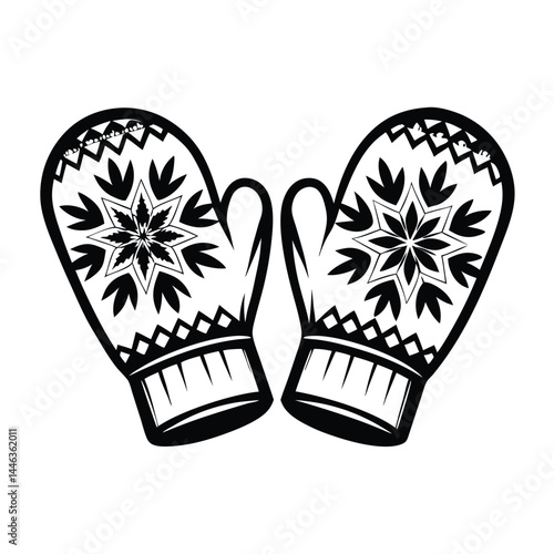 Isolated Black and White Mittens Pair with Floral Ornaments, Winter Clothing Icon