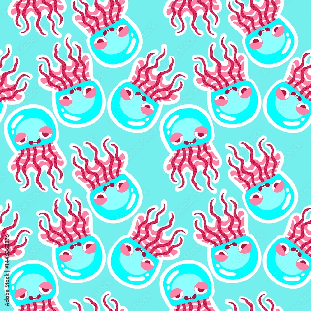 Fototapeta premium Summer ocean animals seamless jelly fish pattern for wrapping paper and kids clothes print and party accessories