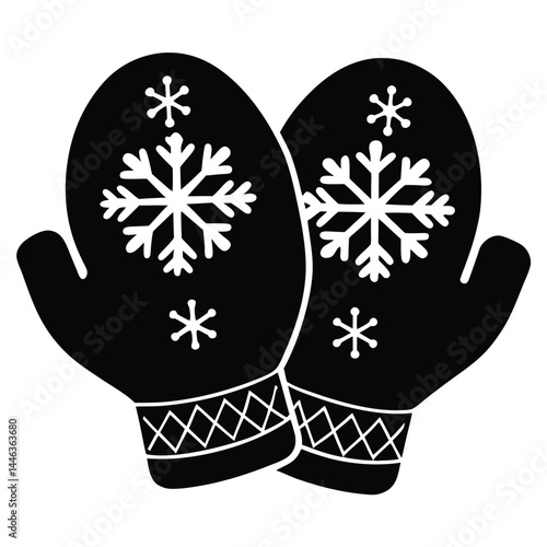 Two Black Winter Mittens with White Snowflakes and Diamond Pattern on a White Background