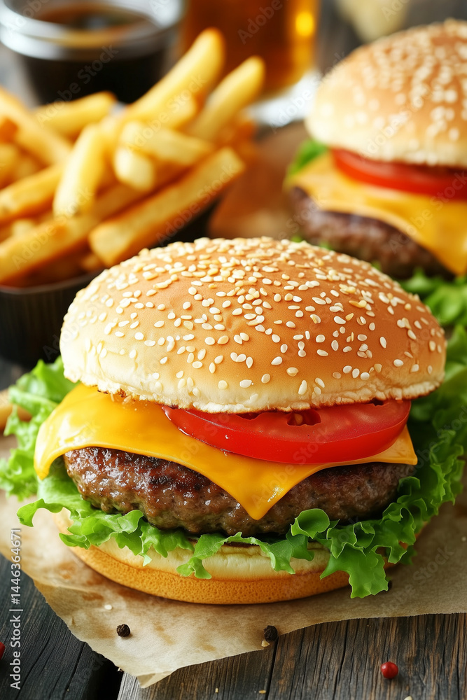 Generative AI image of yummy burger with grilled meat topped with vegetables tomatoes ketchup sliced onions cheese fresh lettuce and soft buns placed on board with fries Generative AI image of yummy burger with grilled meat topped with vegetables tomatoes ketchup sliced onions cheese fresh lettuce and soft buns placed on board with fries