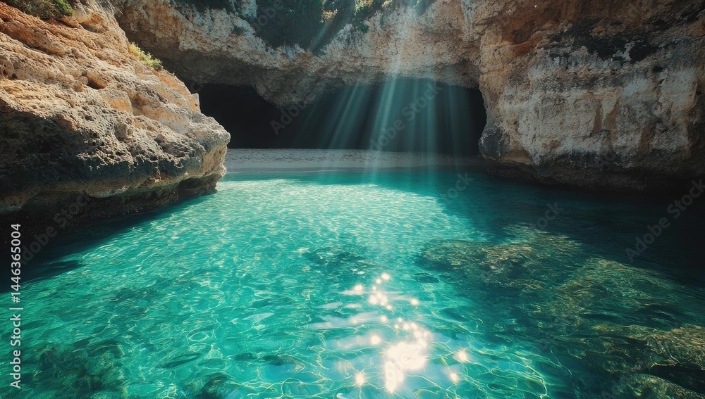 Naklejka premium Sunbeams illuminate a hidden cove's crystal-clear turquoise water, nestled within dramatic limestone cliffs