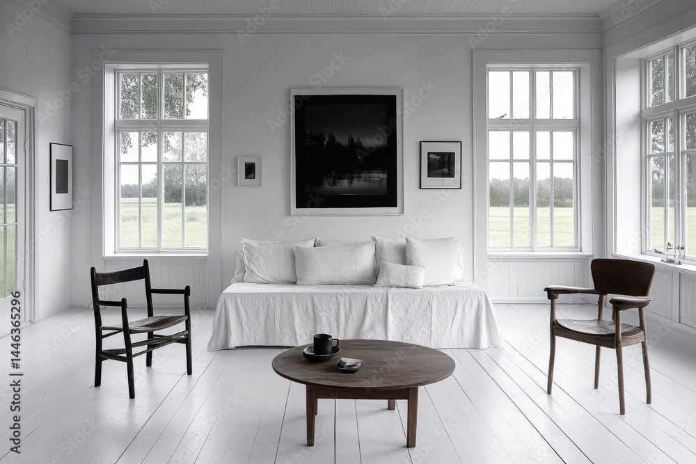 Fototapeta premium Minimalist White Room with Wooden Furniture