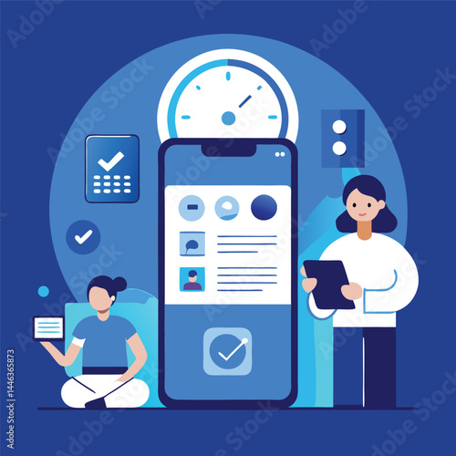 Two women with digital devices interacting near mobile phone and clock face show progress