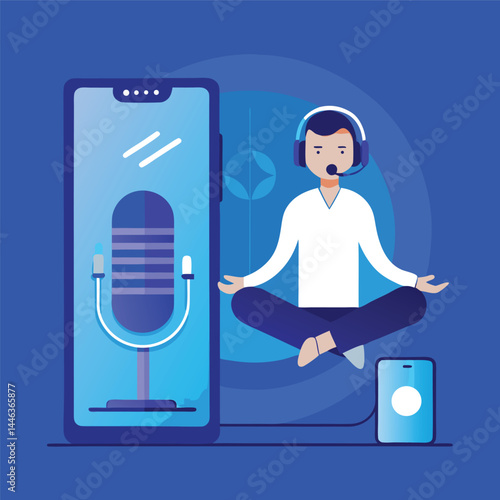 Young man wearing headphones meditates near a smartphone displaying a microphone on a solid background