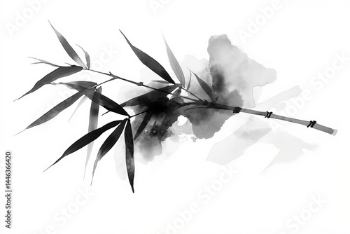 A black and white painting of a bamboo branch
