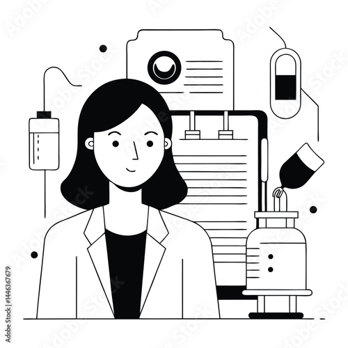 Confident female Asian doctor oversees plasma transfusion with medical equipment in a transparent background