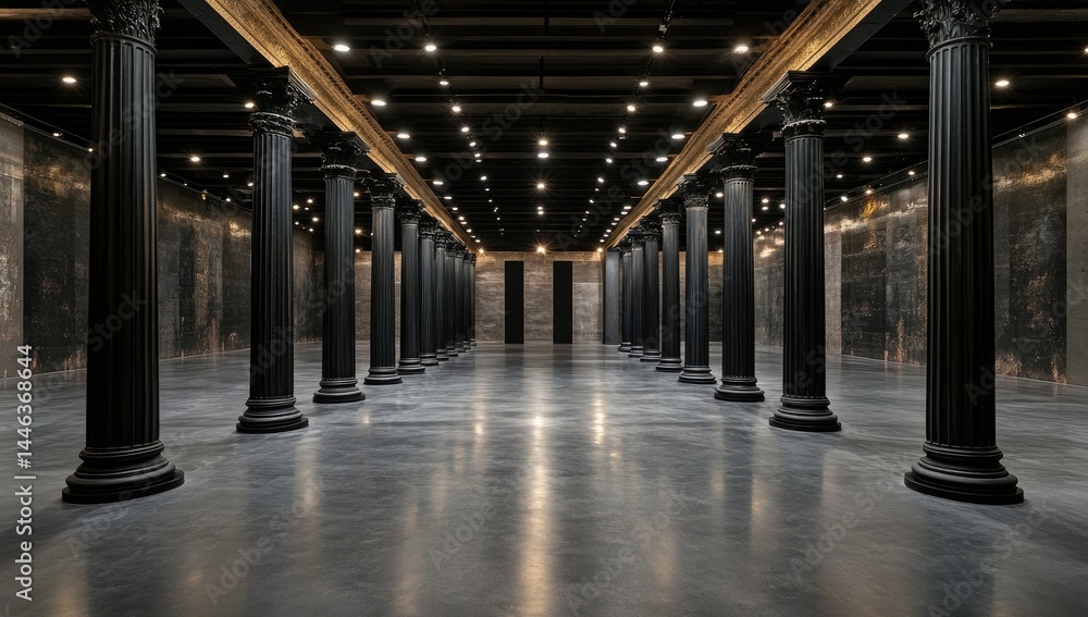 Naklejka premium Expansive hall with numerous dark columns, polished floor, and gold-accented ceiling