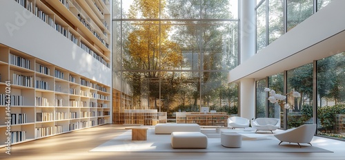 Tranquil library interior with minimalist furniture and vast natural light exposure