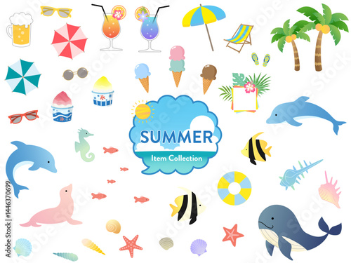 ポップでかわいい、夏イラストのセット( なつ　アイコン　吹き出し　フレーム　海 )