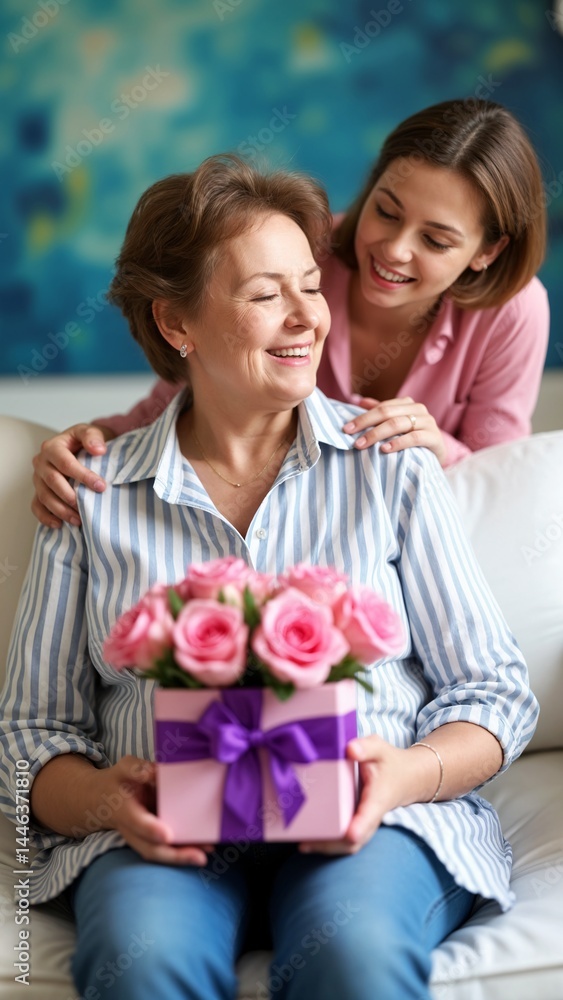 Fototapeta premium A woman sitting on a couch holding a pink gift box with pink roses.