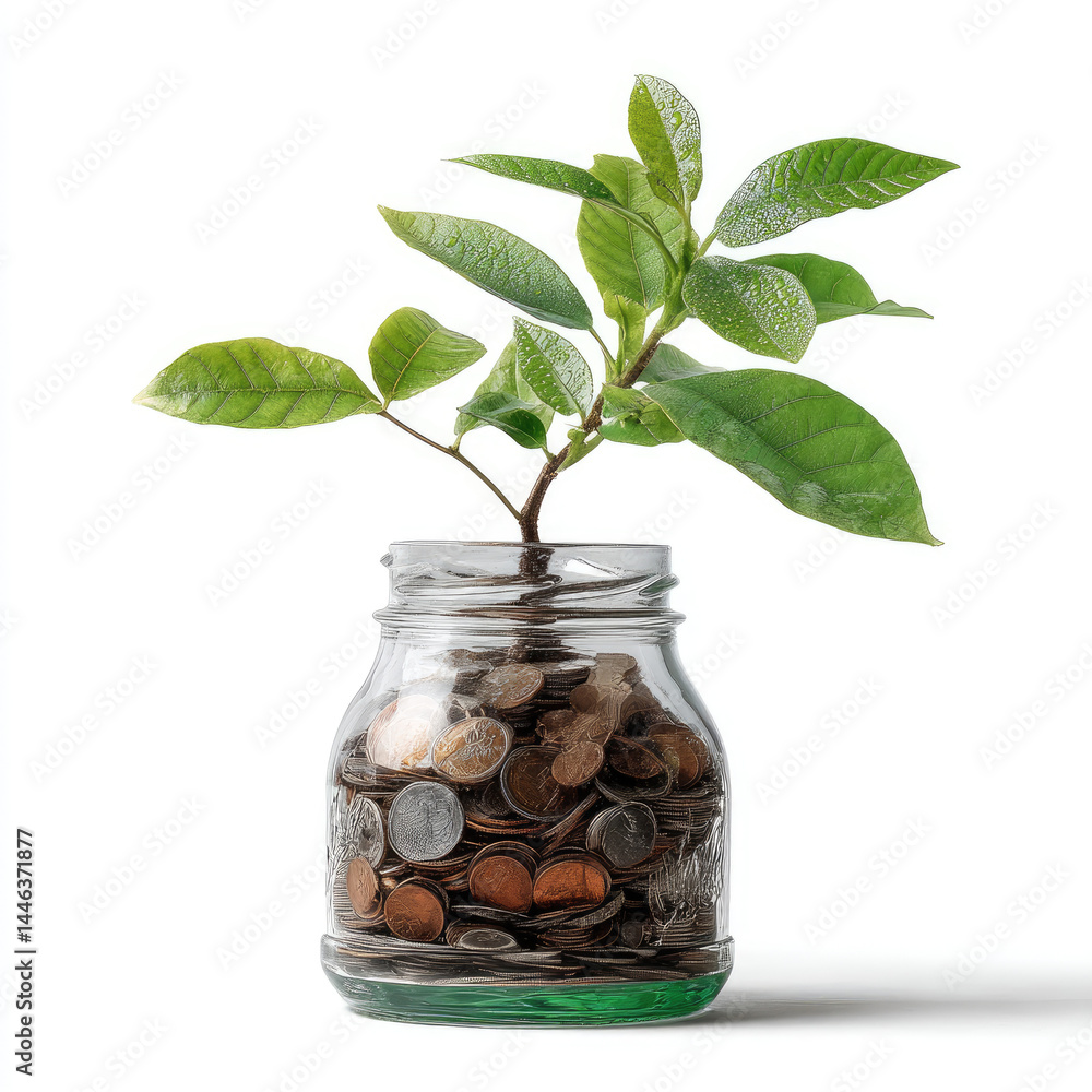 Small plant growing in a jar with coins and stones Small plant growing in a jar with coins and stones