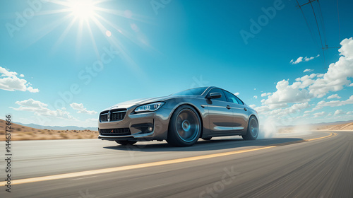 A stylized car wheel moves swiftly under a vibrant blue sky, ideating motion, journey, and the pursuit of freedom, set in a modern artistic style.