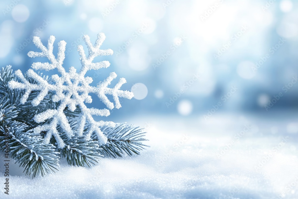 Frosty snowflake on snow-covered pine branch Frosty snowflake on snow-covered pine branch