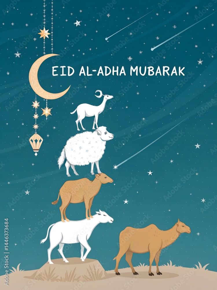 Camel, goat, cow and Sheep Under Starry Sky Eid al-Adha Mubarak Camel, goat, cow and Sheep Under Starry Sky Eid al-Adha Mubarak