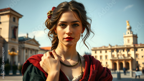 Portrait of young sensual Roman Renaissance Era woman in Vienna, Austria, with paste space