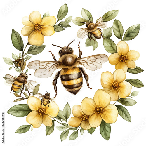 Warm Spring Afternoon With Bees In A Garden, watercolor vector, isolated on a white background.
