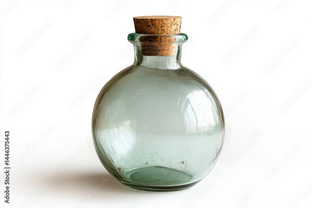 A rustic round glass bottle with a cork stopper isolated on white Simple elegant design A rustic round glass bottle with a cork stopper isolated on white Simple elegant design
