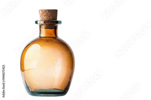 Amber glass bottle with cork stopper softly lit against white background elegant simple design