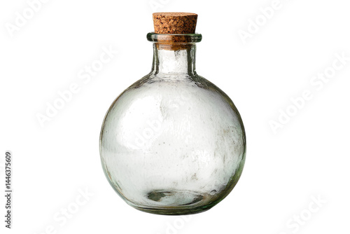 A rustic glass bottle with a cork stopper perfect for vintage home decor sits on a white background
