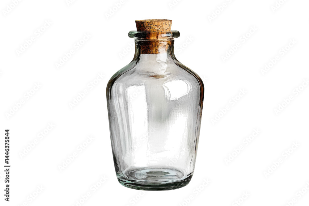 Empty glass bottle with cork stopper studio shot against white background Simple elegant design Empty glass bottle with cork stopper studio shot against white background Simple elegant design