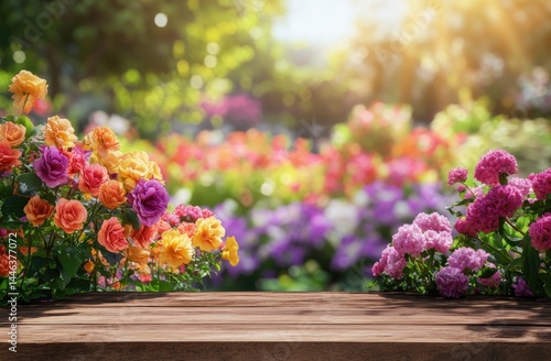 Wallpaper Mural Wooden table in a garden of flowers Torontodigital.ca