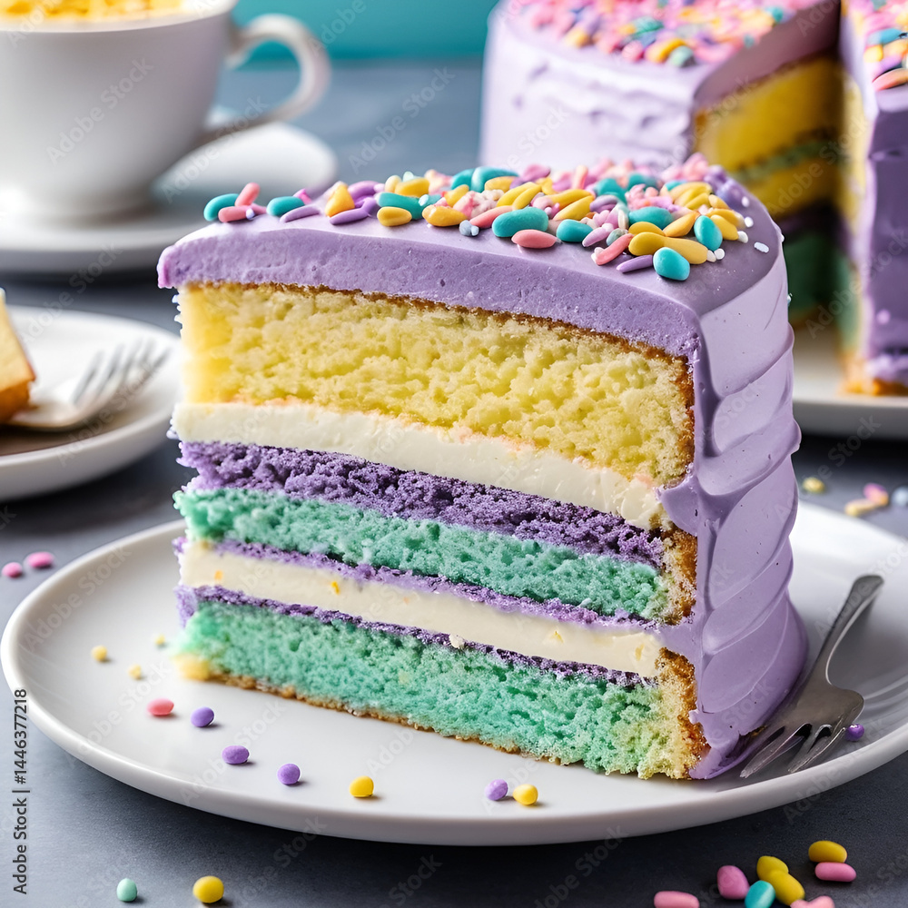 Pastel Layer Cake with Purple Frosting and Sprinkles on White Plate. Pastel Layer Cake with Purple Frosting and Sprinkles on White Plate.