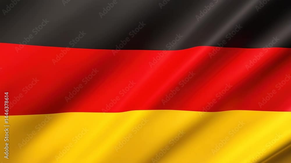 The German flag waves with flowing folds, displaying its black, red, and gold colors. Concept of national identity. The German flag waves with flowing folds, displaying its black, red, and gold colors. Concept of national identity.