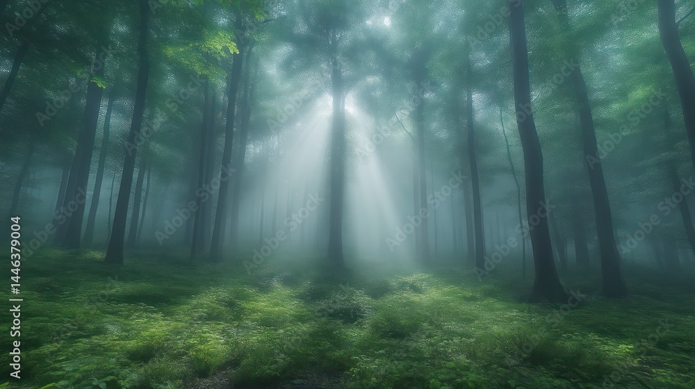 Fototapeta premium Enchanting Forest with Sunlight Beams Filtering Through the Trees Creating a Mystical Atmosphe