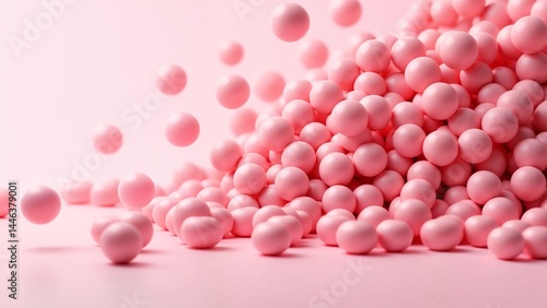 A large group of pink candies falling down on a pink surface.