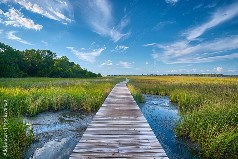Fototapeta premium Lovely tranquil boardwalk at lovely coastal marsh showcases lovely ethereal beauty of marsh grasses, lovely vibrant existence of aquatic life, and fosters the profound connection between visitors and 