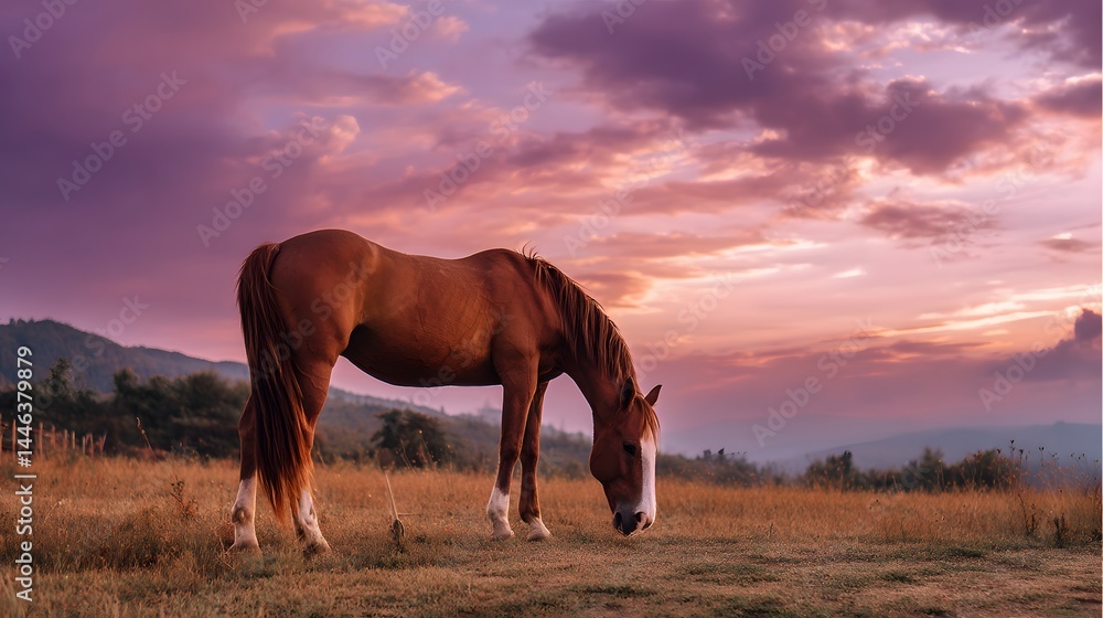 Obraz premium Chestnut Horse Grazing in a Field at Dramatic Sunset