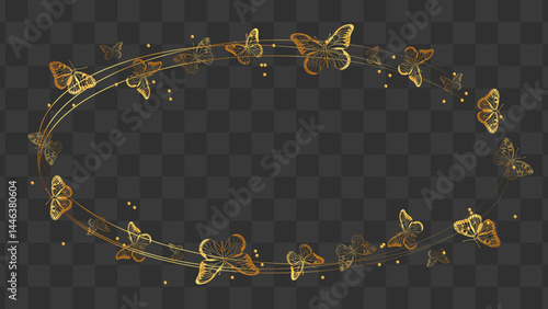 Golden shine frame with butterflies around. Luxury gold frame design element sparkles with transparent background 