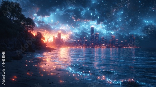 Evening seascape featuring a distant skyline under a starry sky, shoreline with waves, and coastal foliage, tranquil scenery on a transparent background, PNG image, PNG file.