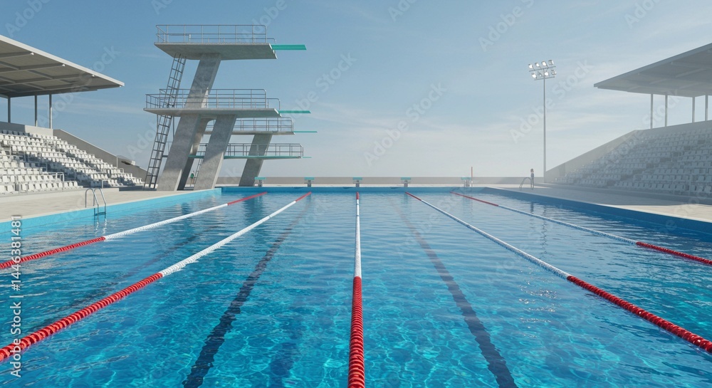 Obraz premium A swimming pool with lanes and diving boards under a clear blue sky on a sunny day outdoors