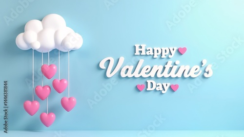 A blue wall with a white cloud and pink hearts hanging from it.