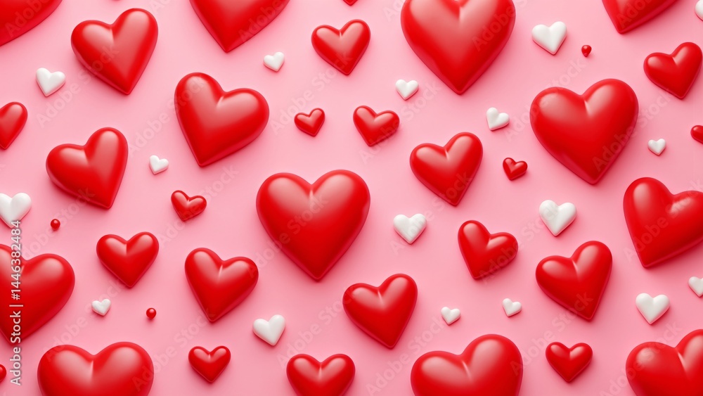 A large group of red and white hearts on a pink background. A large group of red and white hearts on a pink background.