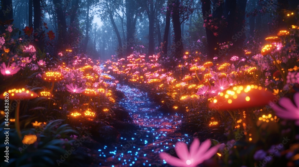 Enchanted forest path with bioluminescent flora and sparkling stream, mystical woodland scenery and glowing plants, on a transparent background, PNG image, PNG file. Enchanted forest path with bioluminescent flora and sparkling stream, mystical woodland scenery and glowing plants, on a transparent background, PNG image, PNG file.