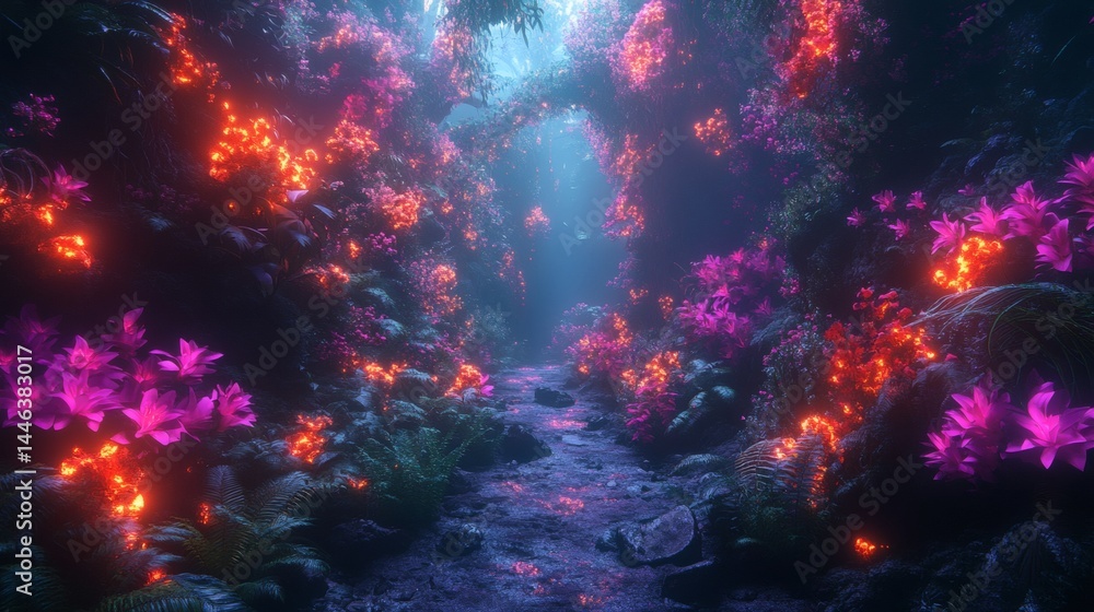 Enchanted path with glowing flora and rock formations leading through a mysterious forest landscape on a transparent background, PNG image, PNG file. Enchanted path with glowing flora and rock formations leading through a mysterious forest landscape on a transparent background, PNG image, PNG file.