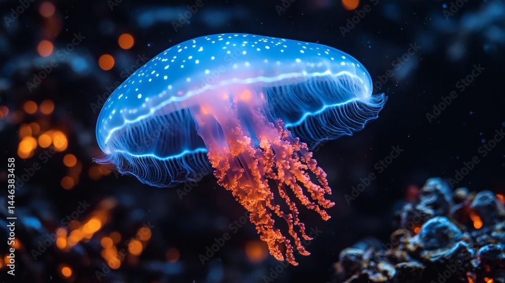 Translucent jellyfish with orange tentacles, glowing gently in deep ocean water illuminated by dappled light, floating freely on a transparent background, PNG image, PNG file. Translucent jellyfish with orange tentacles, glowing gently in deep ocean water illuminated by dappled light, floating freely on a transparent background, PNG image, PNG file.